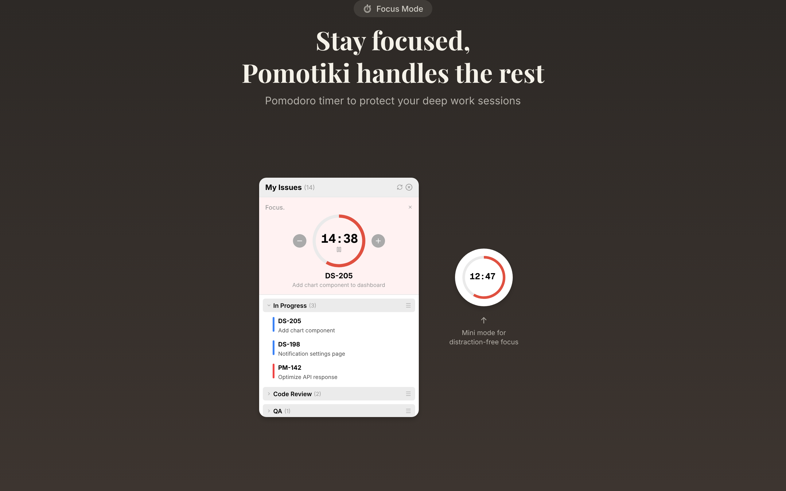 The focus timer running a 25-minute session with task context visible at a glance