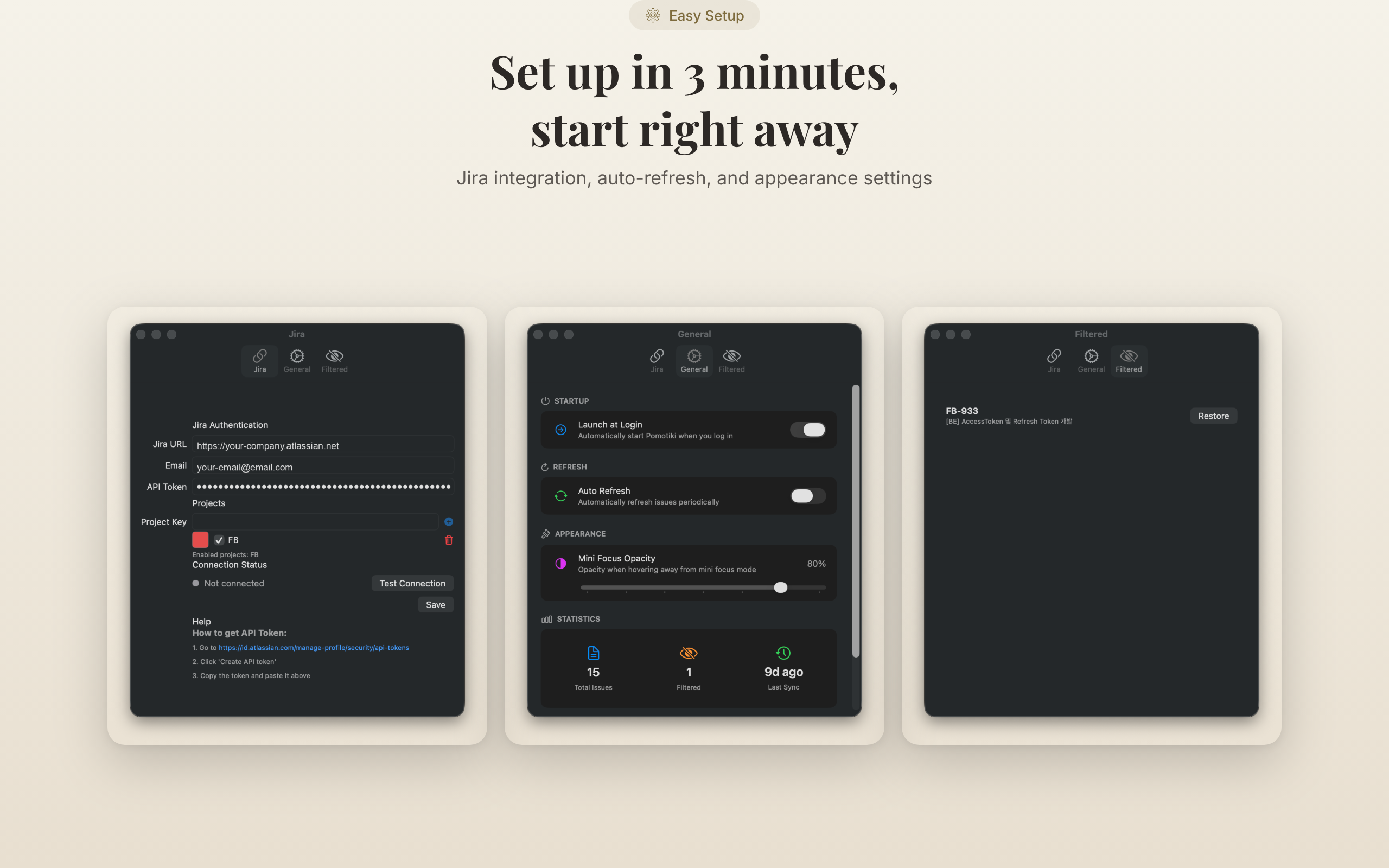 Pomotiki settings panel where you configure Jira connection and customize your workflow