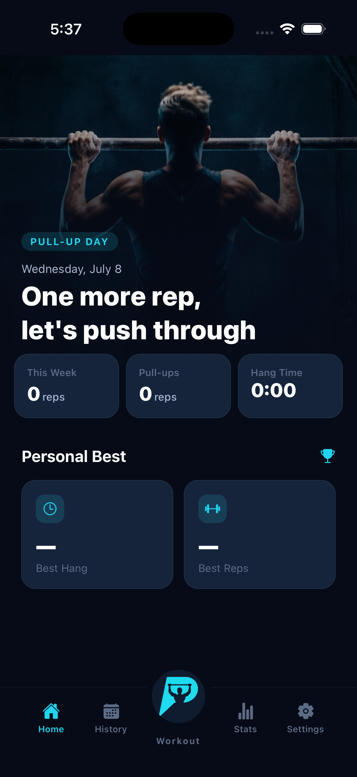 Pull Up Day home screen showing the camera-based rep counter
