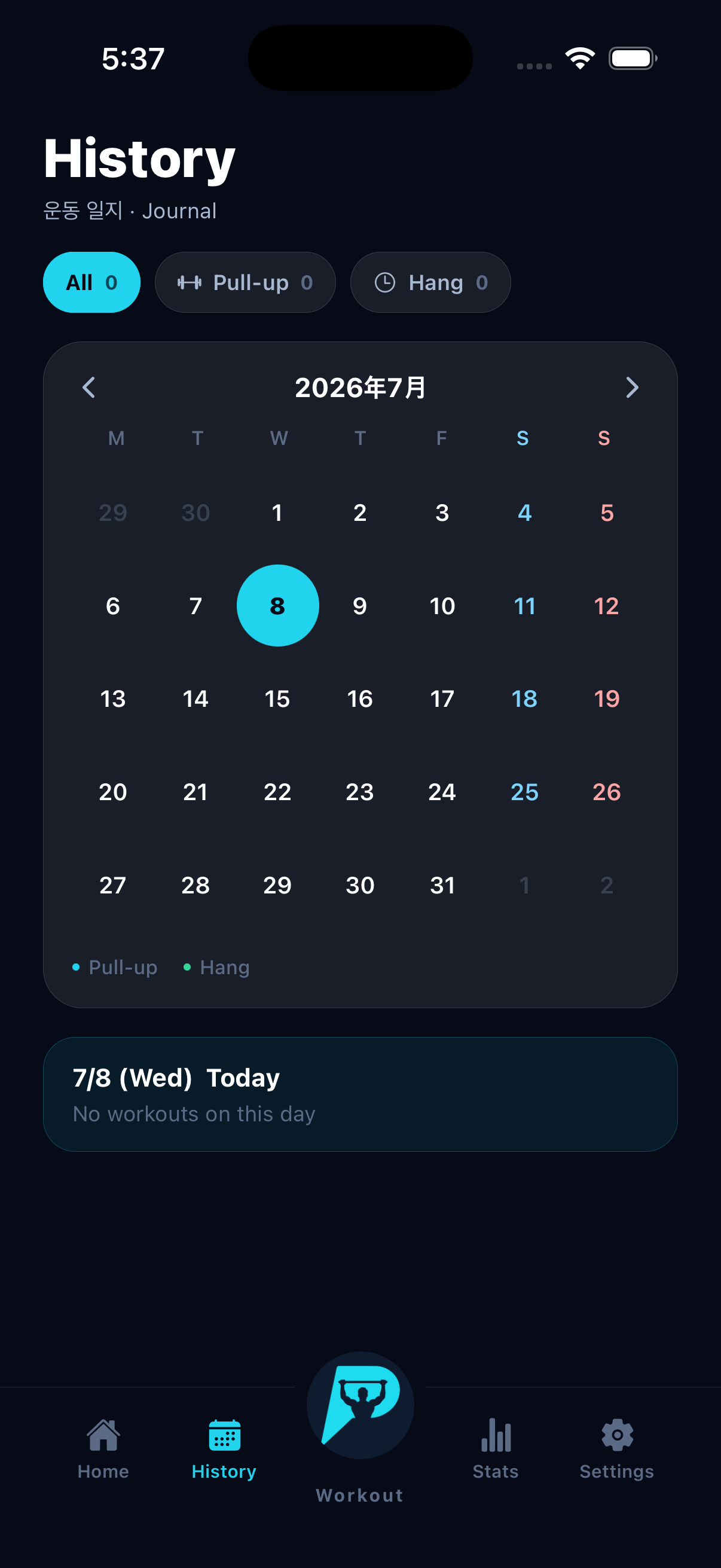 Pull Up Day workout history and session tracking