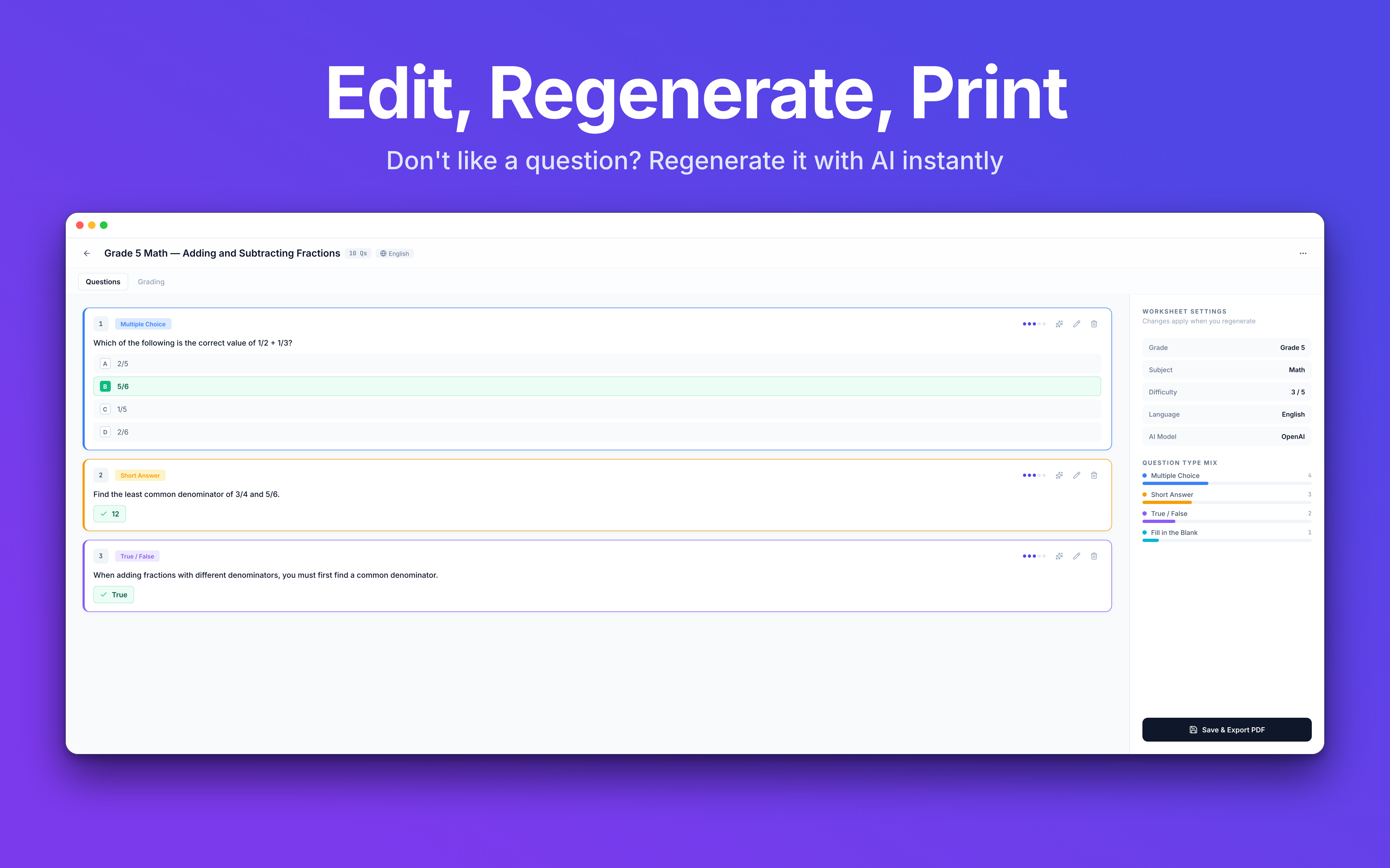LessonPrint PDF export - control margins, paper size, and answer key toggle right before printing