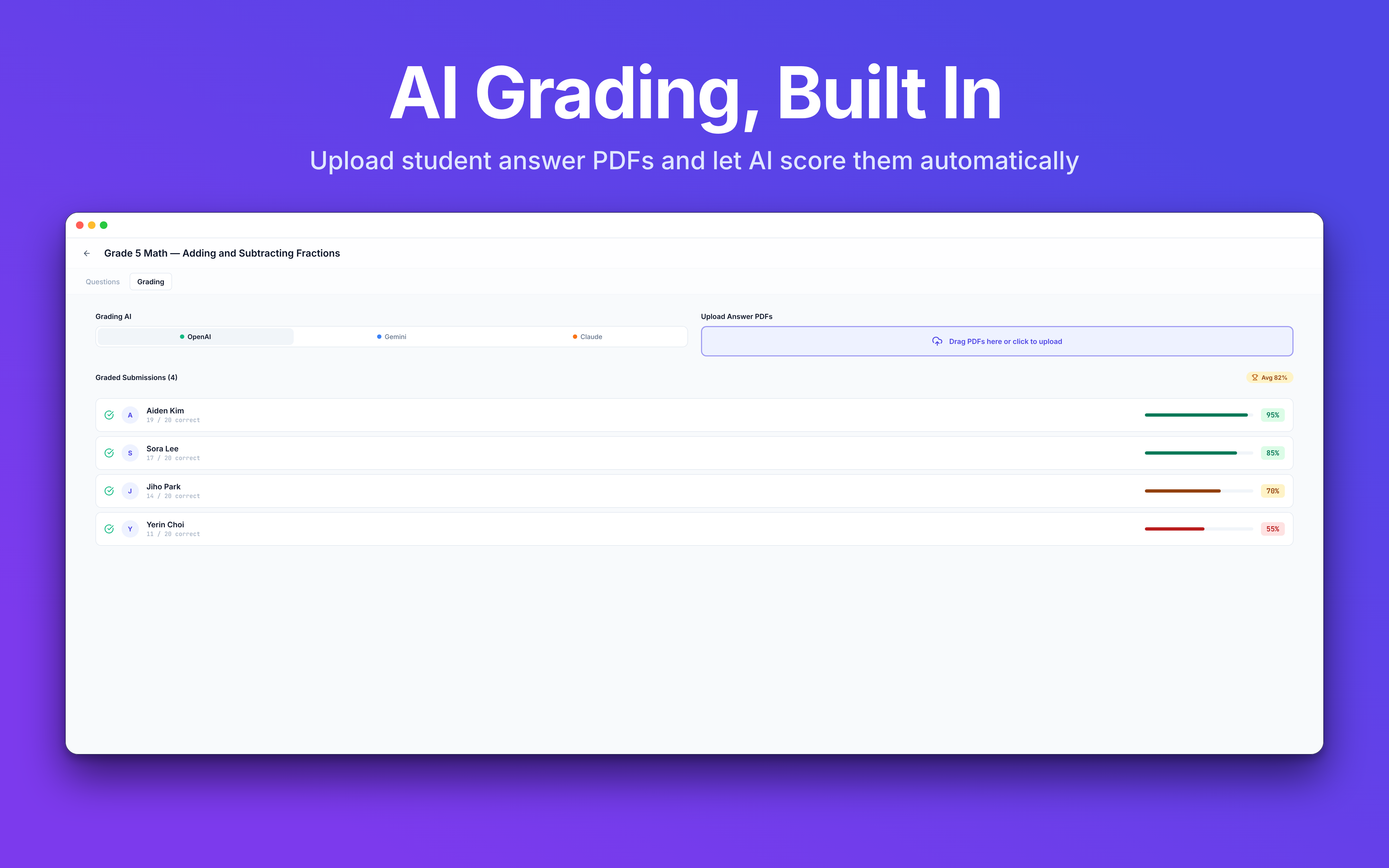 LessonPrint grading screen - auto-generates point values and grading criteria per question