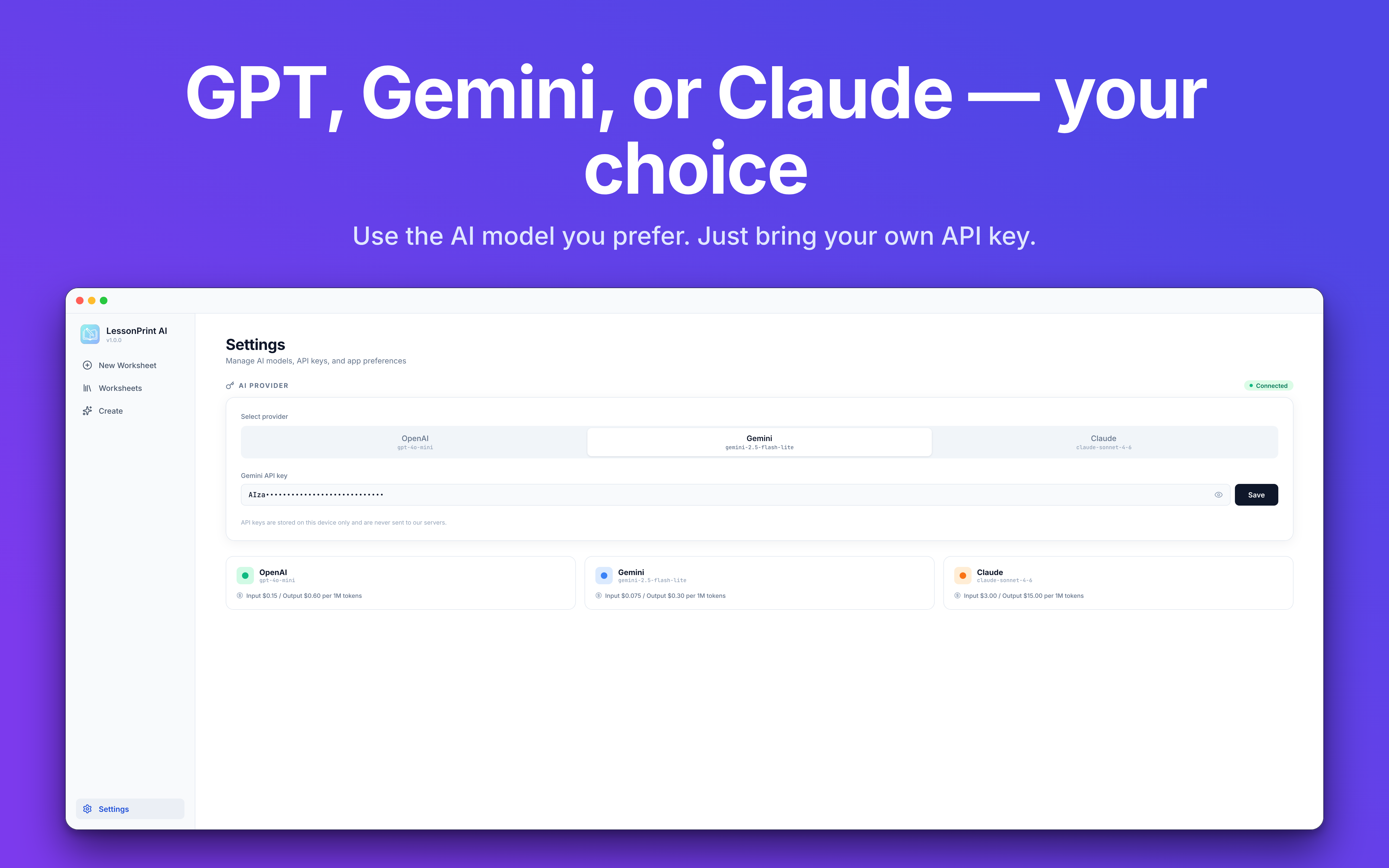 LessonPrint settings - choose your AI provider and connect your API key