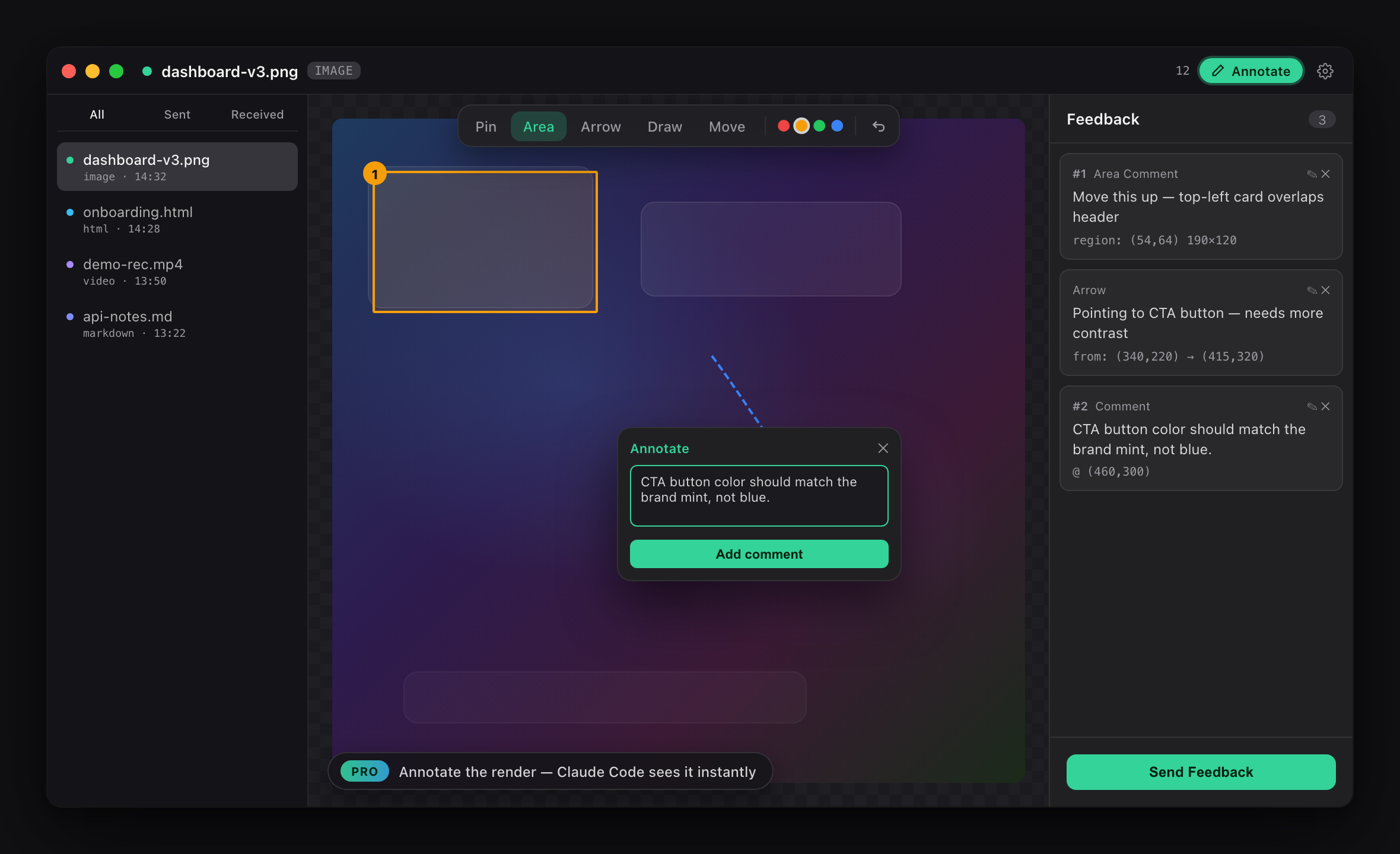 superviewer feedback annotation tools: pin, area, arrow, and comments on a rendered artifact