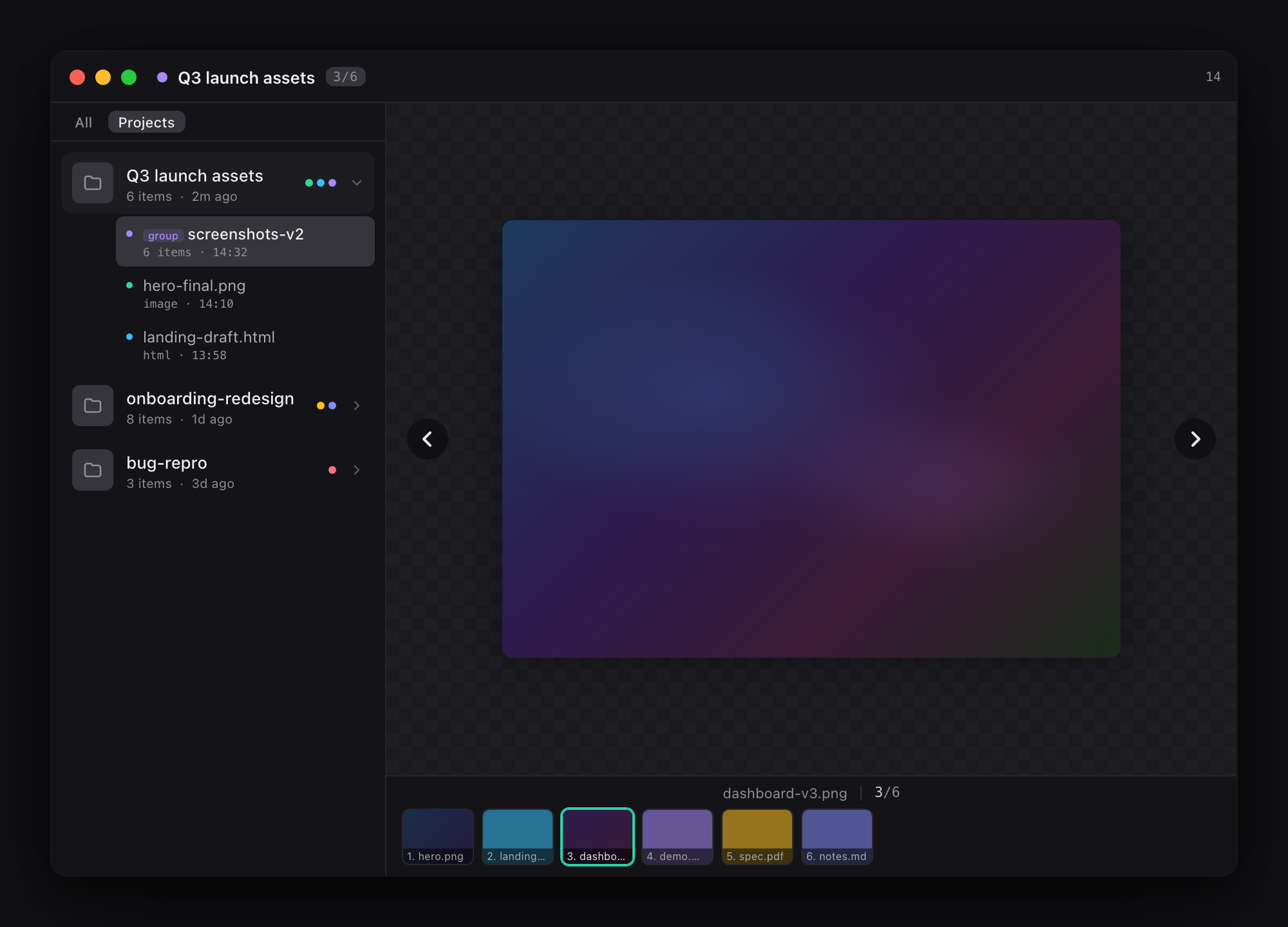 superviewer feed organized by project, showing grouped artifacts and history